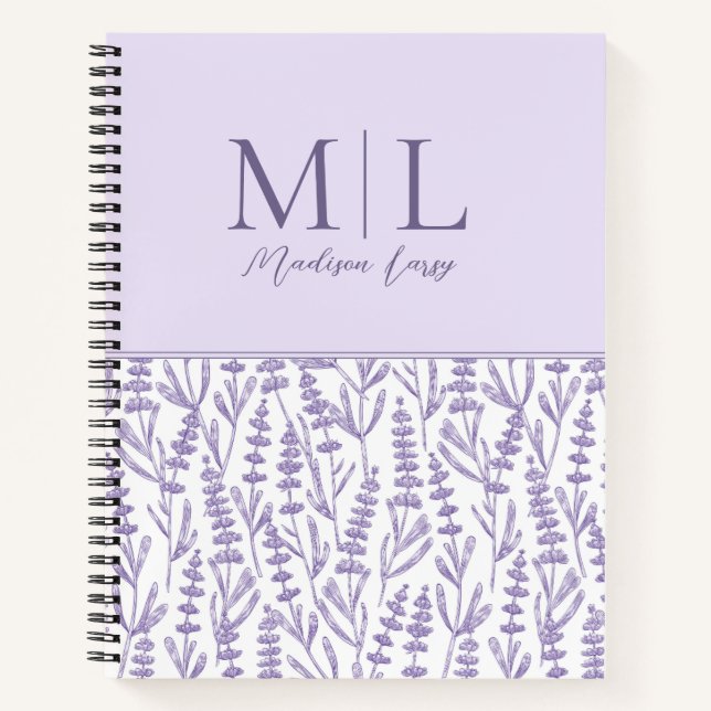 Lavender Cute Floral Monogram Personalised Name Notebook (Front)