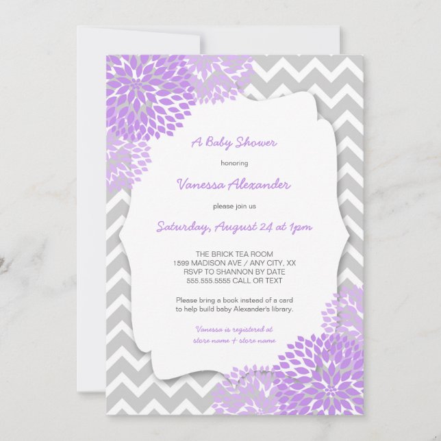 Lavender Dahlia Baby shower invites / purple grey (Front)