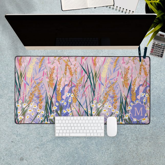 Lavender Daisies Custom Initial Monogram Floral Desk Mat (Lavender Daisies Custom Initial Monogram Floral Desk Mat)