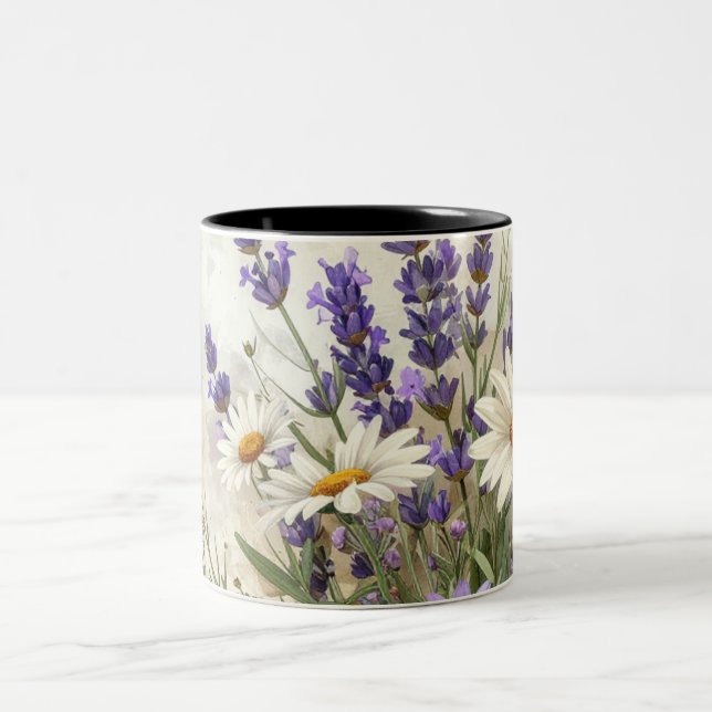 Lavender Daisy Floral Design  Two-Tone Coffee Mug (Center)