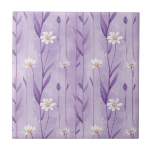 Lavender Daisy Stripes with White Wildflowers Ceramic Tile
