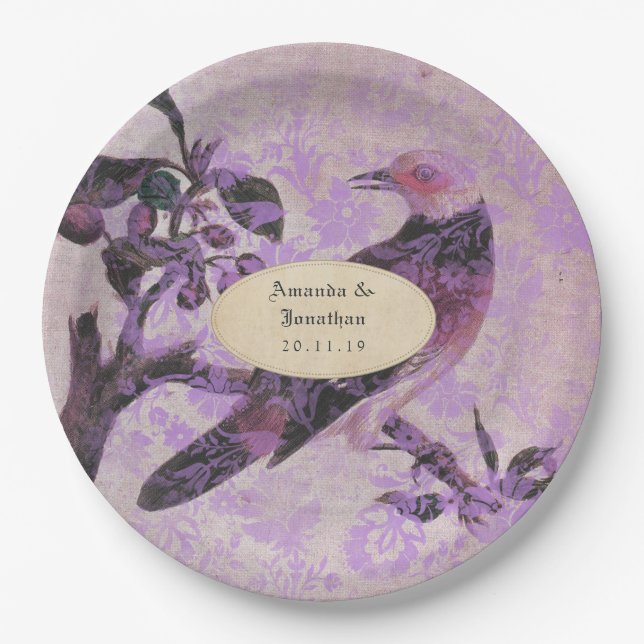 Lavender Damask Bird Wedding Paper Plate (Front)