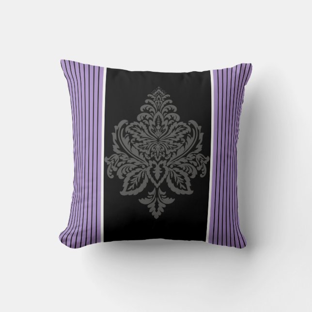 Lavender, damask & black stripes cushion (Front)