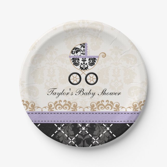 Lavender Damask Carriage Baby Shower Paper Plate (Front)
