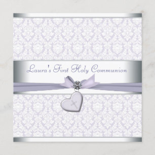 Lavender Damask Cross Girls Purple First Communion Invitation