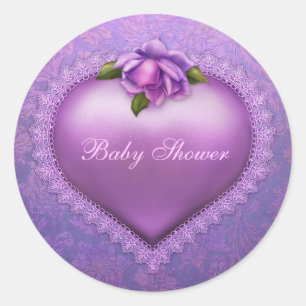 Lavender Damask Heart Classic Round Sticker
