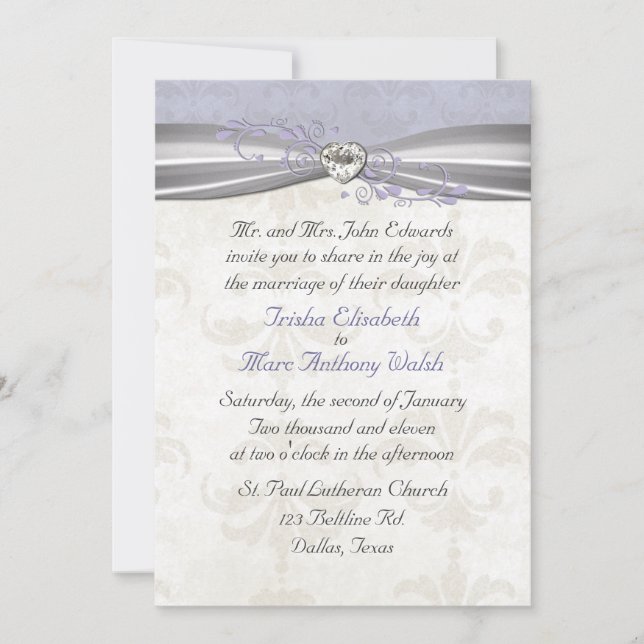 Lavender Damask & Heart Wedding Invitation (Front)