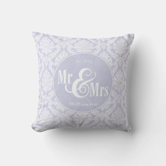 Lavender Damask "Mr & Mrs" pillow, personalised Cushion (Front)