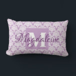 Lavender Damask Pillow with Monogram & Name<br><div class="desc">This beautiful pillow features a classic white damask pattern over a lavender or dusty purple background. The design is personalised with a monogram initial letter as well as a customisable name. Perfect addition to a dorm room,  bedroom,  or any room where you want a simple,  elegant style.</div>