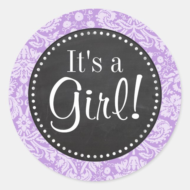 Lavender Damask; Vintage Chalkboard look Classic Round Sticker (Front)