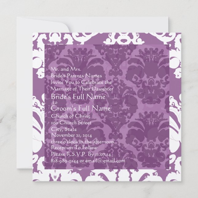 Lavender Damask Wedding Invitation (Front)