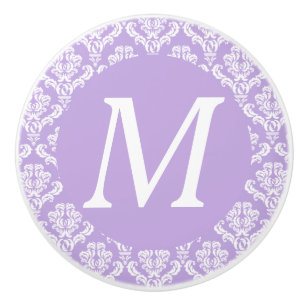 Lavender Damask White Monogram Knob