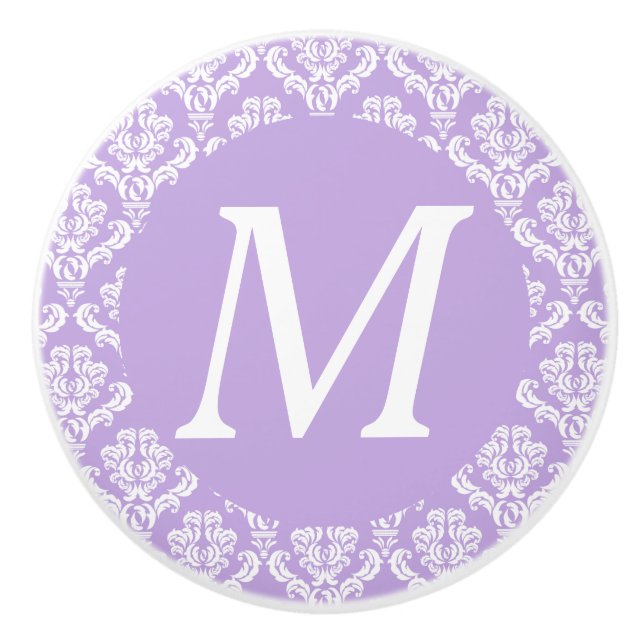 Lavender Damask White Monogram Knob (Front)