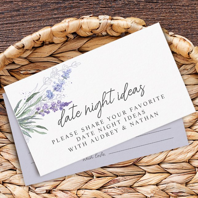 Lavender Date Night Ideas Bridal Shower Cards (Lavender Guess How Many Kisses Bridal Shower Game Enclosure Card)