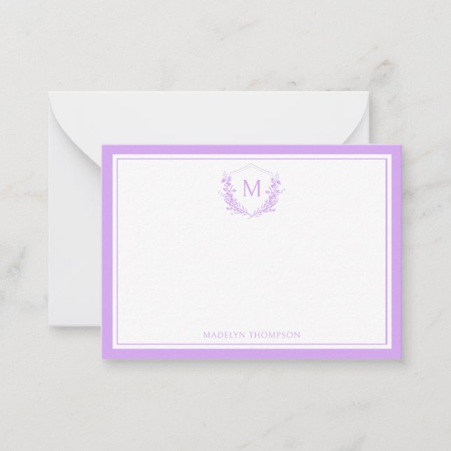 Lavender Double Border Floral Crest Monogram Card (Front)
