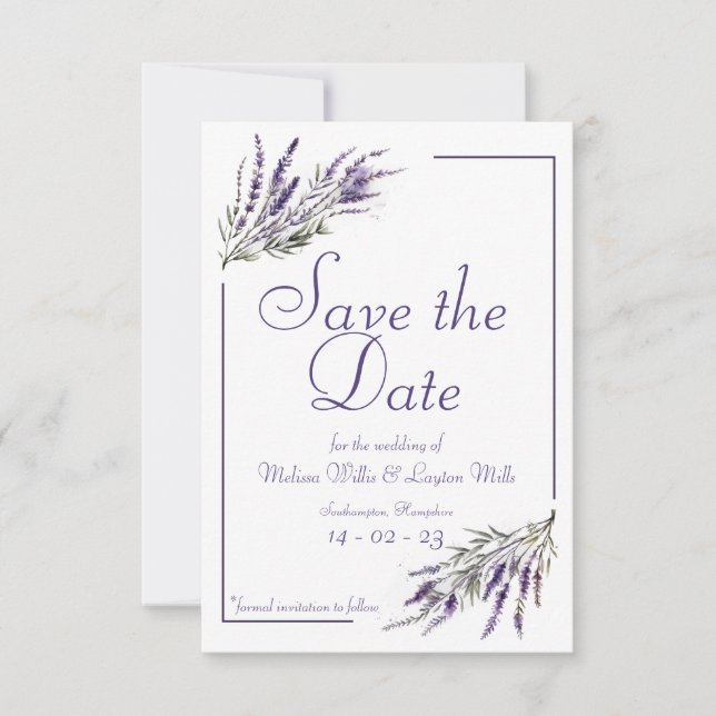 Lavender Dreams: Watercolour Save The Date Invite (Front)