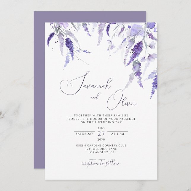 Lavender Dusty Purple Violet Lilac Floral Wedding  Invitation (Front/Back)
