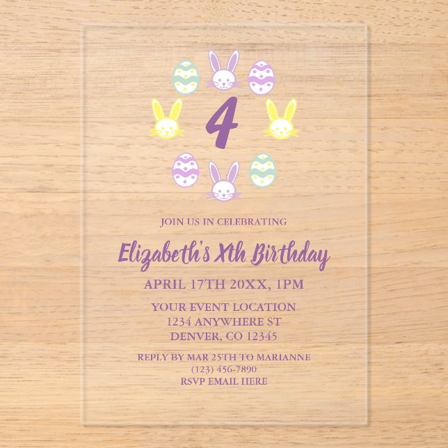 Lavender Easter 4th Birthday Acrylic Invitations (Front)