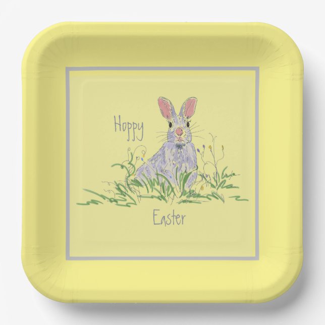 Lavender Easter Bunny Yellow Background Square  Pa Paper Plate (Front)