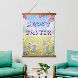 Lavender Easter Cute White Bunny Floral Spring  Hanging Tapestry