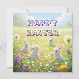 Lavender Easter Cute White Bunny Floral Spring Holiday Card