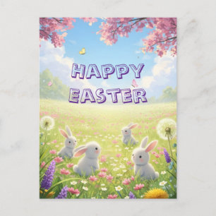 Lavender Easter Cute White Bunny Floral Spring Holiday Postcard