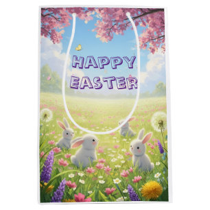 Lavender Easter Cute White Bunny Floral Spring  Medium Gift Bag