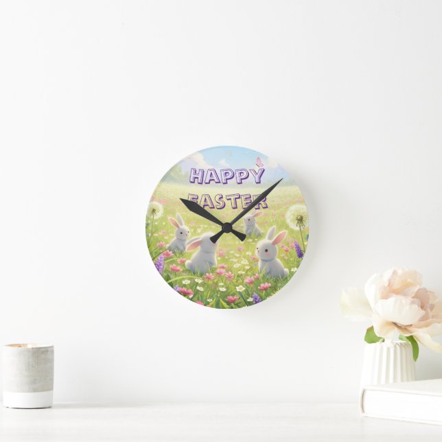 Lavender Easter Cute White Bunny Floral Spring  Round Clock (Home)