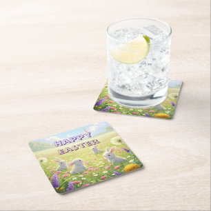 Lavender Easter Cute White Bunny Floral Spring  Square Paper Coaster