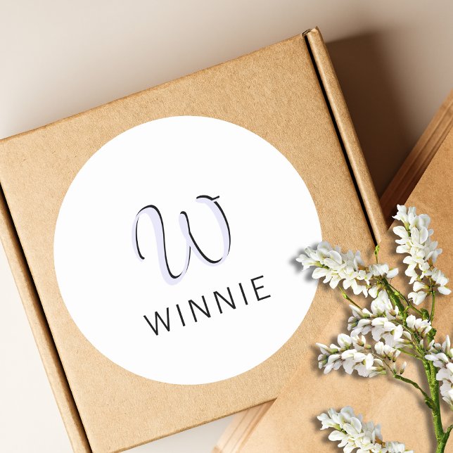 Lavender Elegant Initial Black Name | Modern  Classic Round Sticker (Creator Uploaded)