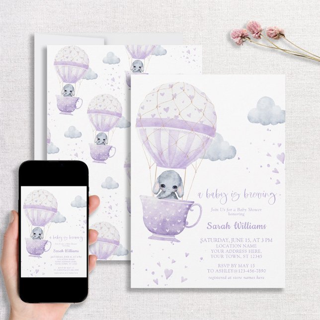 Lavender Elephant Baby is Brewing Baby Shower Invitation (Creator Uploaded)