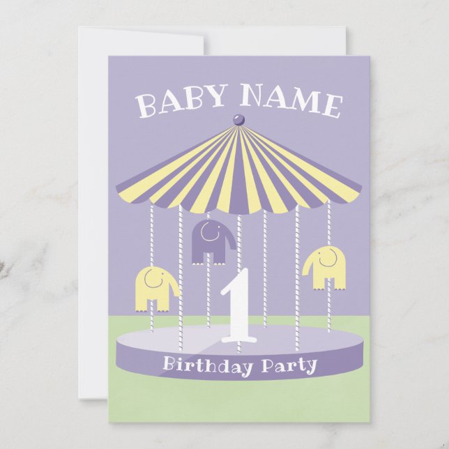 Lavender Elephant Carousel 1st Birthday  Invitation (Front)