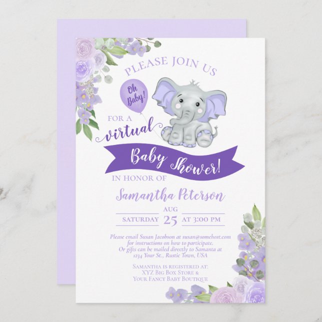 Lavender Elephant & Floral Virtual Baby Shower Invitation (Front/Back)