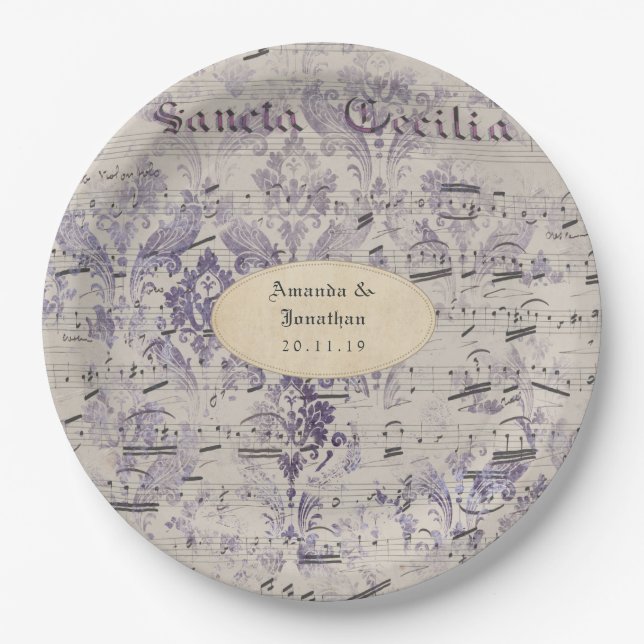 Lavender Ephemera Music Notes Wedding Paper Plate (Front)
