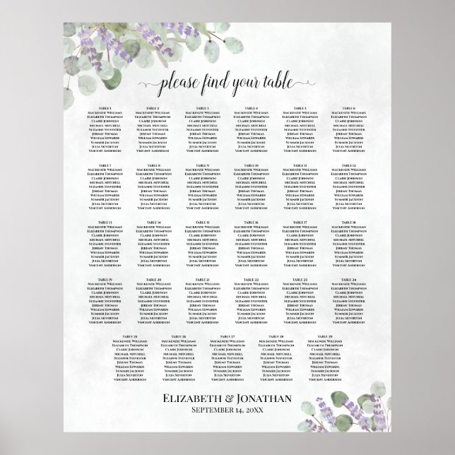 Lavender Eucalyptus 29 Table Wedding Seating Chart (Front)