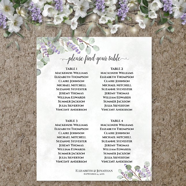 Lavender Eucalyptus 4 Table Wedding Seating Chart (In Situ on Wall with Decorations)