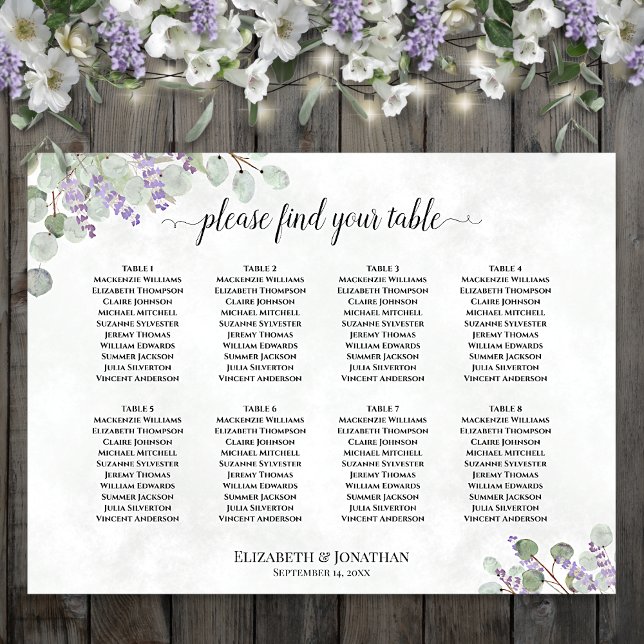Lavender Eucalyptus 8 Table Wedding Seating Chart (In Situ on Wall with Decorations)