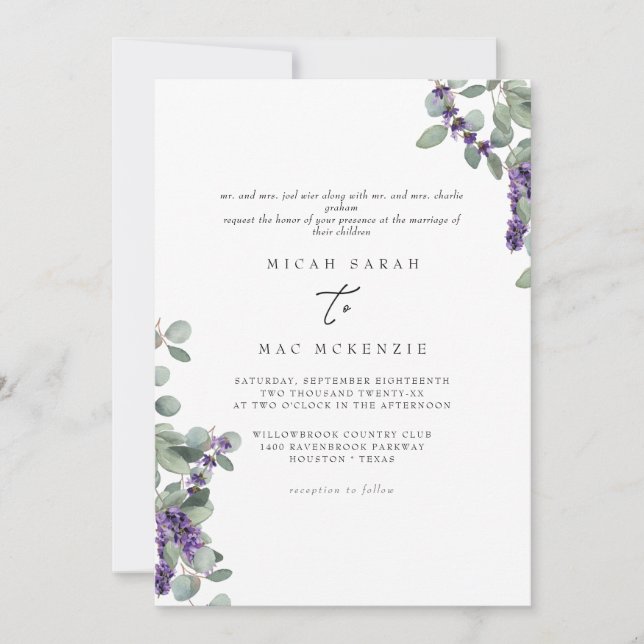 Lavender Eucalyptus Both Sets of Parents Wedding Invitation (Front)