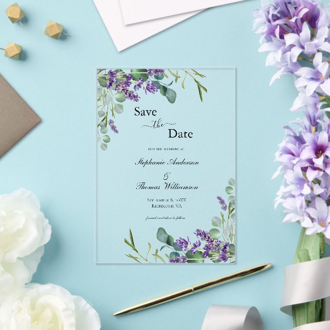 Lavender Eucalyptus Floral Wedding Save The Date Acrylic Invitations (Insitu (Wedding))