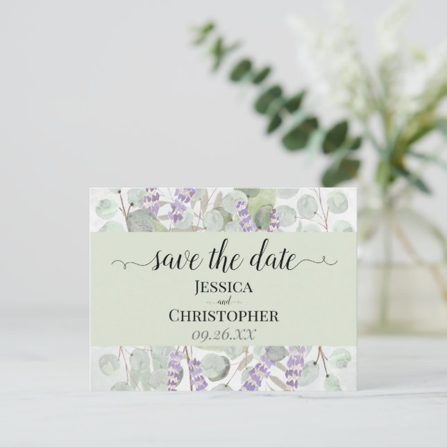 Lavender & Eucalyptus Green Wedding Save the Date Announcement Postcard (Standing Front)