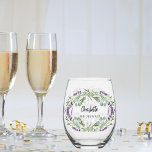 Lavender eucalyptus greenery bridesmaid name stemless wine glass<br><div class="desc">Transparent background. Personalise and add your bridemaid's name. Black text. Decorted with lavender flowers and eucalyptus greenery.</div>