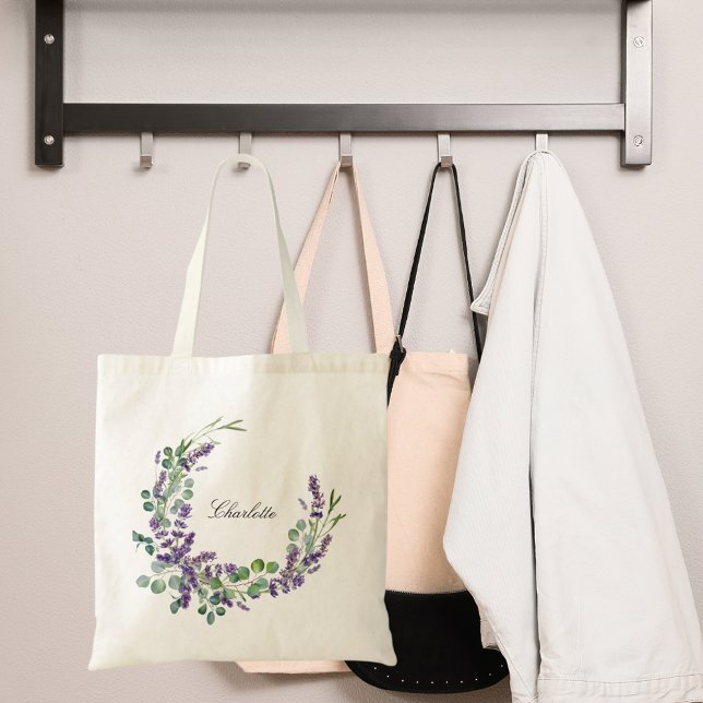 Lavender eucalyptus greenery floral name script tote bag (Creator Uploaded)