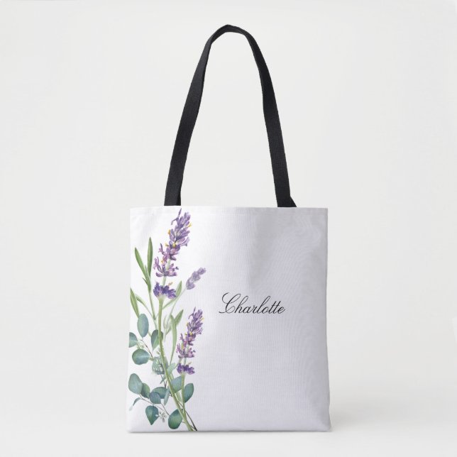 Lavender eucalyptus greenery name script white tote bag (Front)