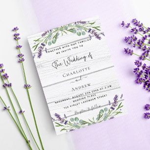 Lavender eucalyptus greenery white wood wedding invitation