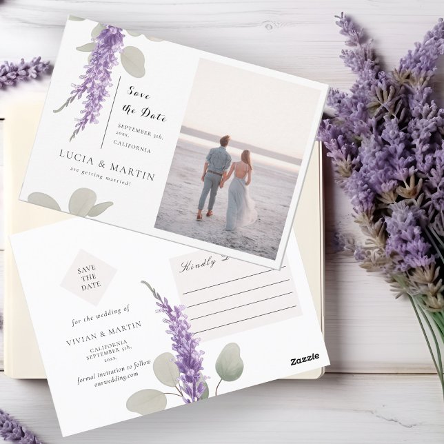 Lavender Eucalyptus Leaves Photo Save The Date Postcard (Creator Uploaded)