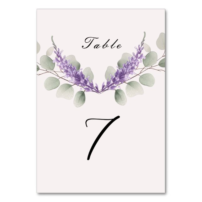 Lavender Eucalyptus Leaves Wedding Table Number (Front)