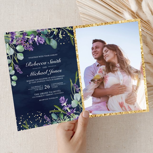 Lavender Eucalyptus Navy Blue QR Code Wedding Invitation (Creator Uploaded)