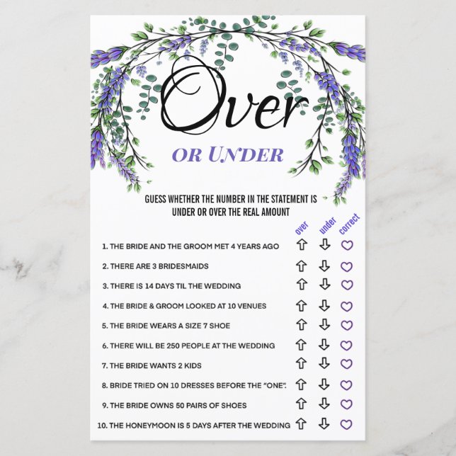 Lavender eucalyptus Over Under Bridal Shower Game (Front)