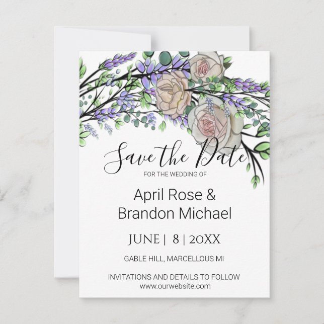 Lavender Eucalyptus pink white roses Save The Date (Front)