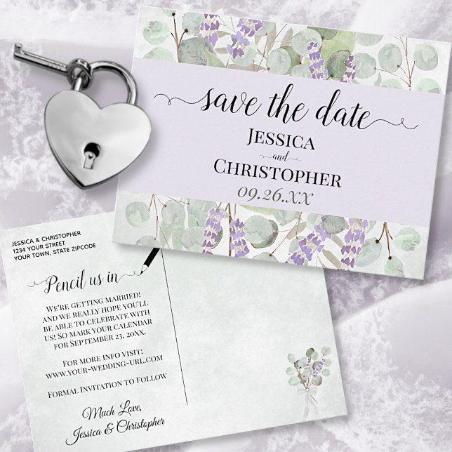 Lavender & Eucalyptus Purple Wedding Save the Date Announcement Postcard (Front and Back)